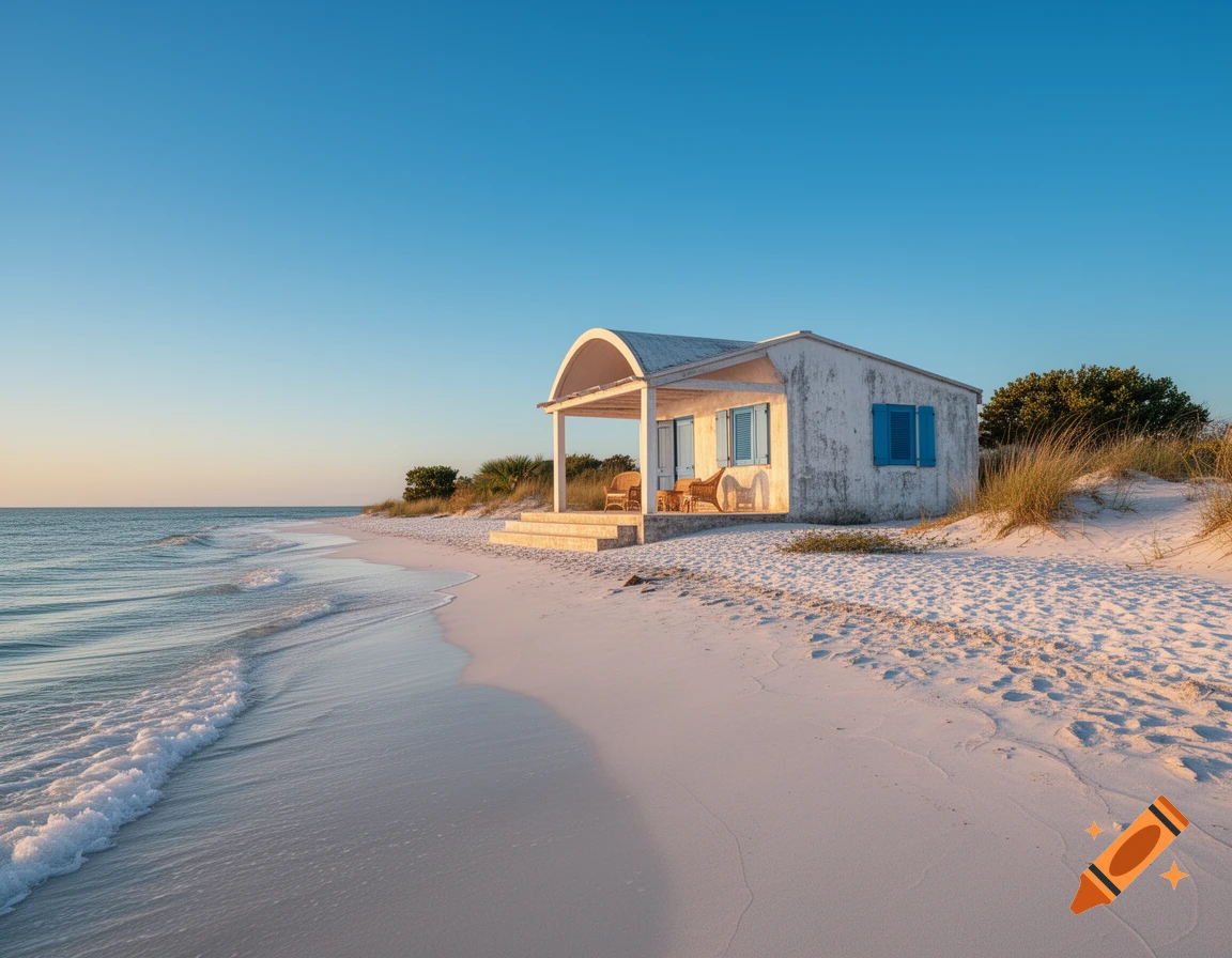 A small white house with blue shutters sits on a sandy beach next to the ocean under a clear blue sky.