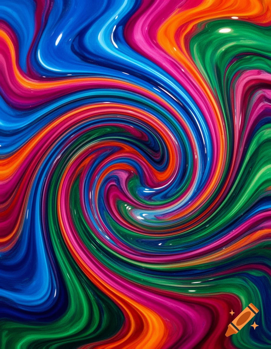 An abstract, vibrant, colorful swirl pattern with glossy, flowing lines of blue, green, pink, and orange.