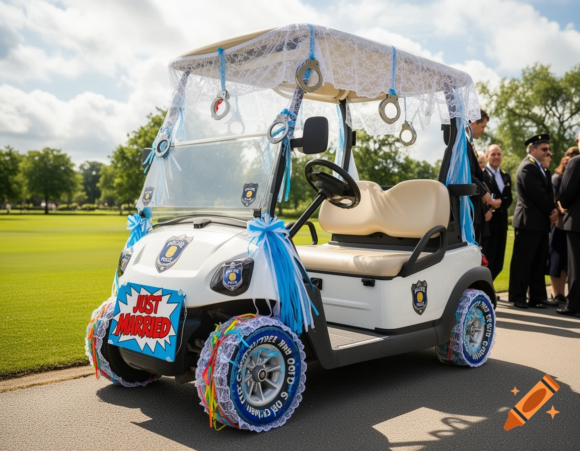 A white golf cart decorated for a police wedding, featuring "JUST MARRIED" on a sign, blue ribbons, and handcuffs.