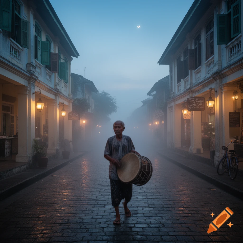 An old man carrying a drum walks down a foggy cobblestone street lined with illuminated buildings and a crescent moon in the sky.