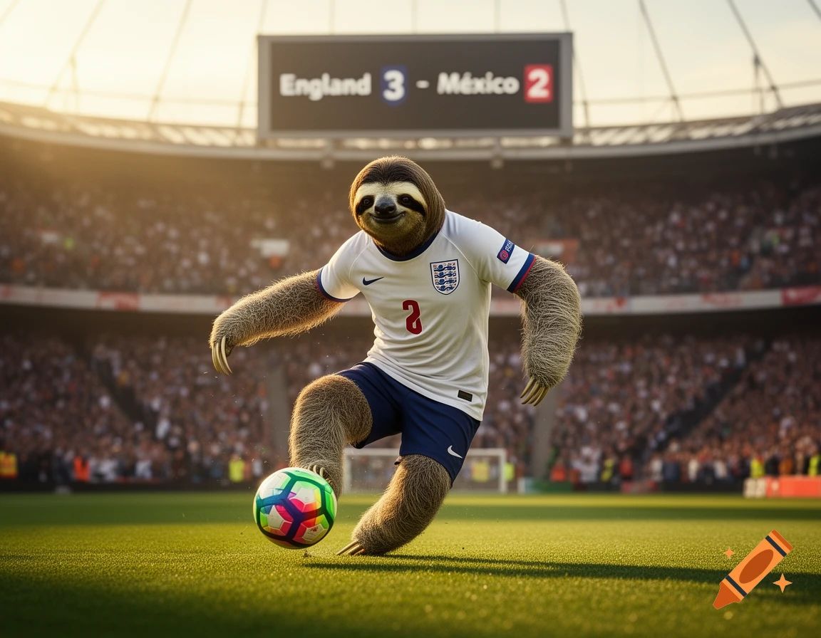 A photorealistic sloth in an England football kit dribbles a colorful soccer ball on a sunny stadium field.