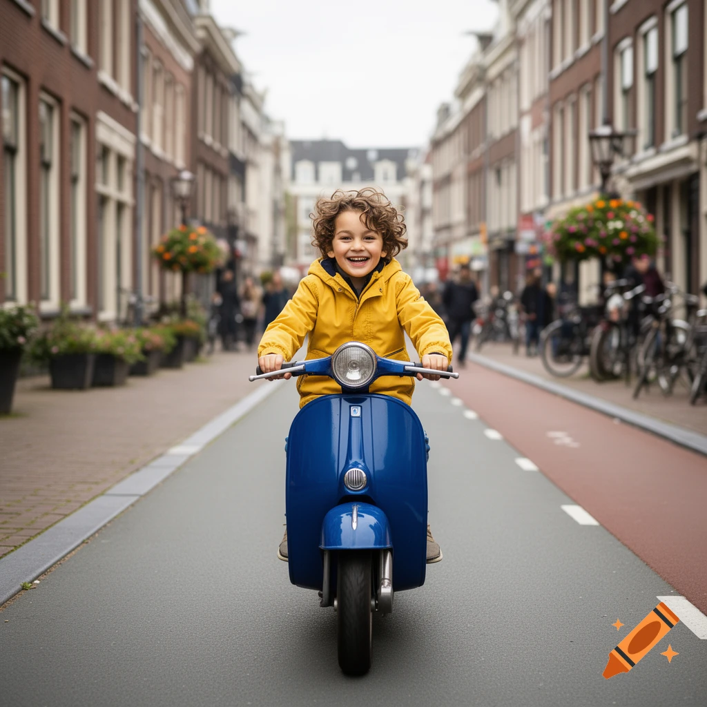 A happy young boy in a yellow jacket rides a blue scooter down a city street lined with buildings.
