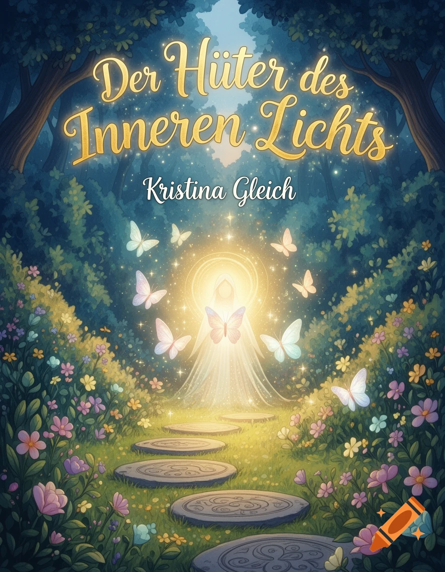 A bright, colorful illustration of a glowing, ethereal figure in a magical forest with butterflies, flowers, and stepping stones. The cover title "Der Hüter des Inneren Lichts" is at the top.