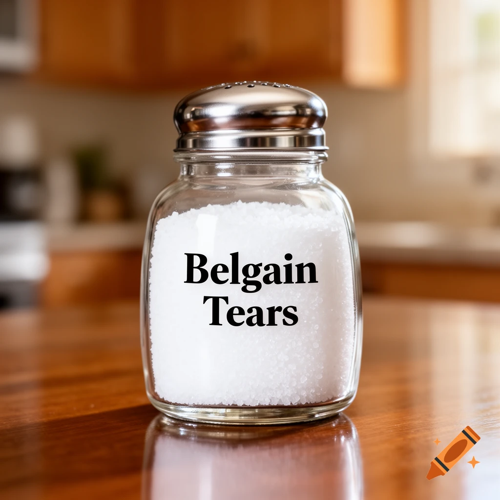 A close-up, photorealistic image of a clear glass salt shaker on a wooden table, labeled with the words "Belgain Tears" in black font.