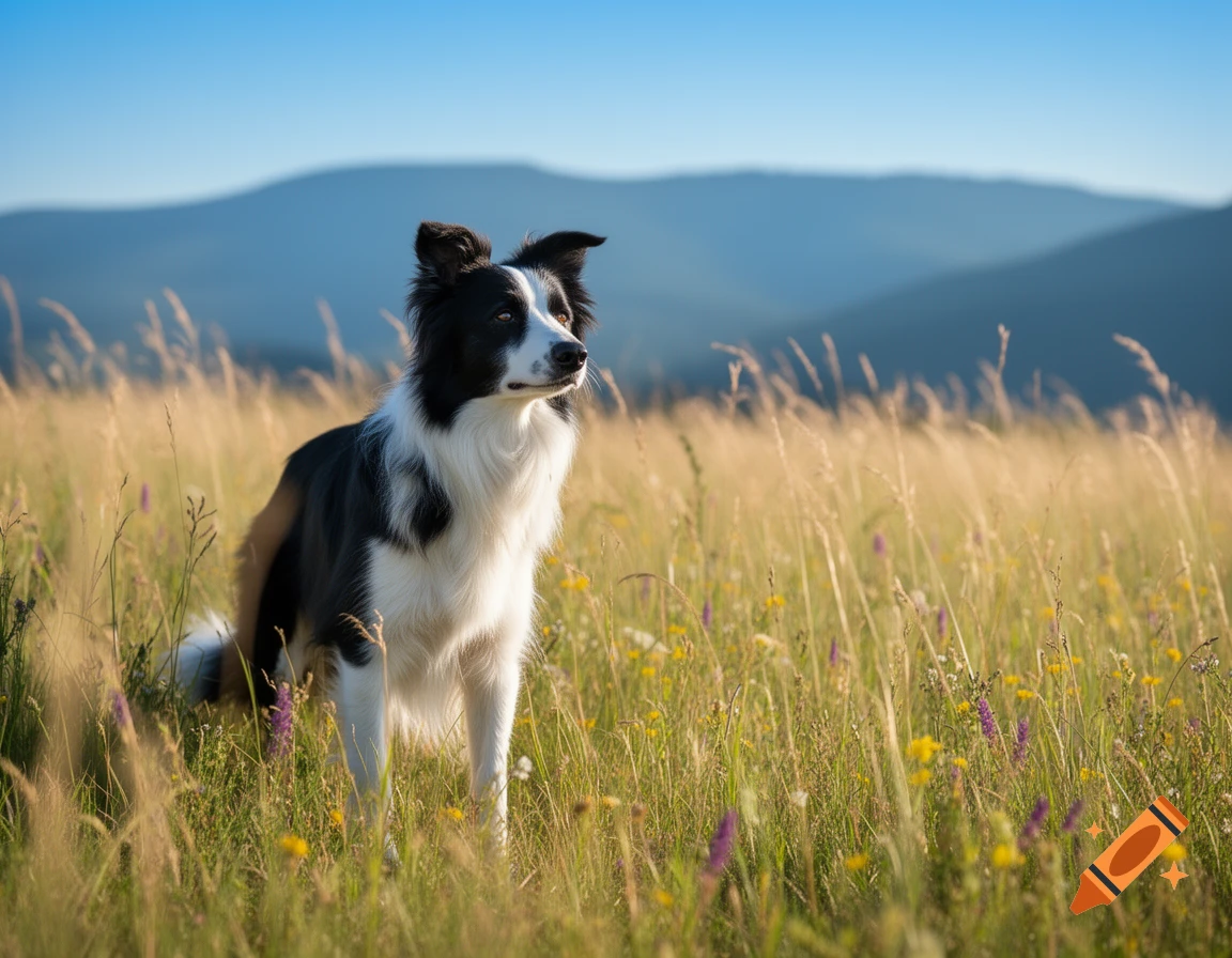 A black and white Border Collie stands in a sunlit meadow with wildflowers and distant mountains under a blue sky, looking right.
