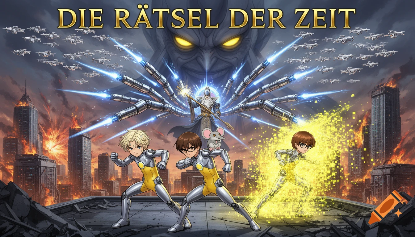 Anime battle with heroes, a wizard, and a giant villain over a burning city, text 'DIE RÄTSEL DER ZEIT'.