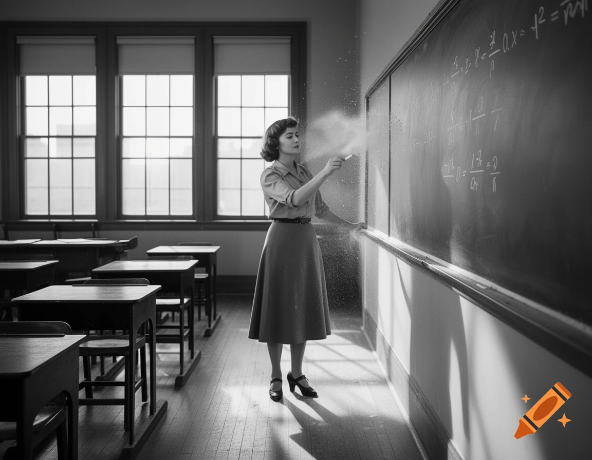 A teacher in a vintage black and white classroom erases mathematical equations from a blackboard.