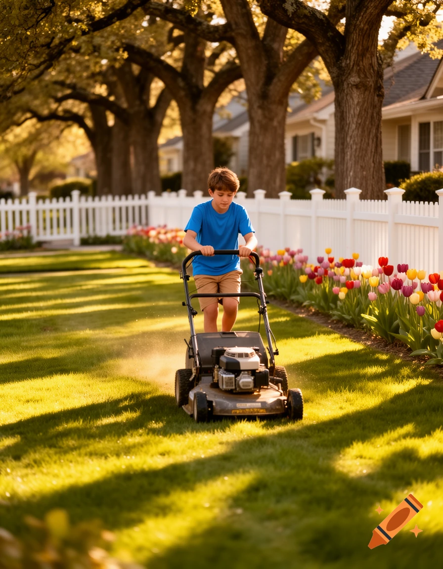 A young boy in a blue shirt mows a sunlit suburban lawn with a white picket fence and colorful tulips.