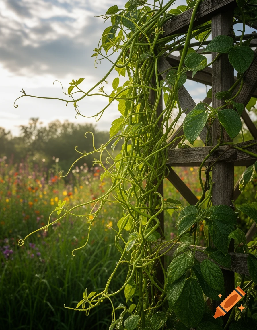Green vines with water droplets growing on a wooden trellis in a sunlit garden with wildflowers.