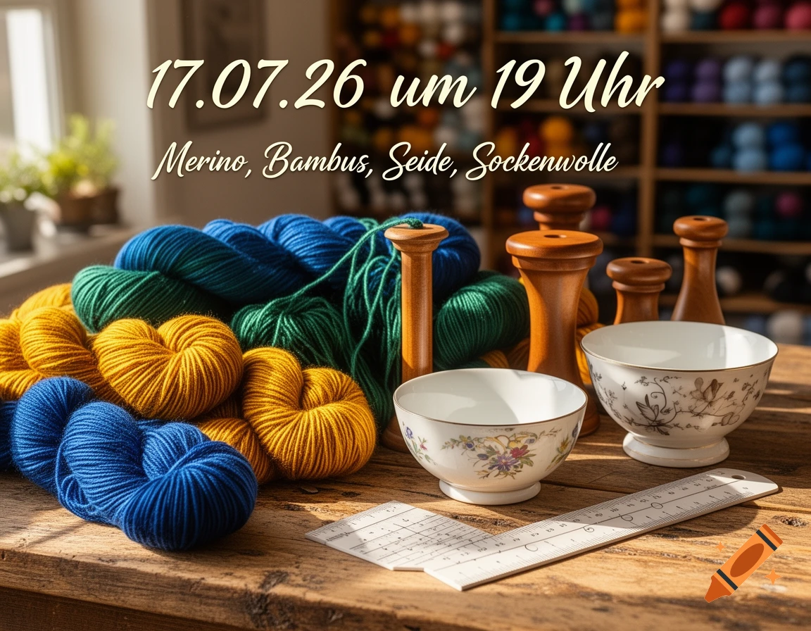 Colorful yarn, wooden spools, decorative bowls, and a ruler on a rustic wooden table with German text overlaid.