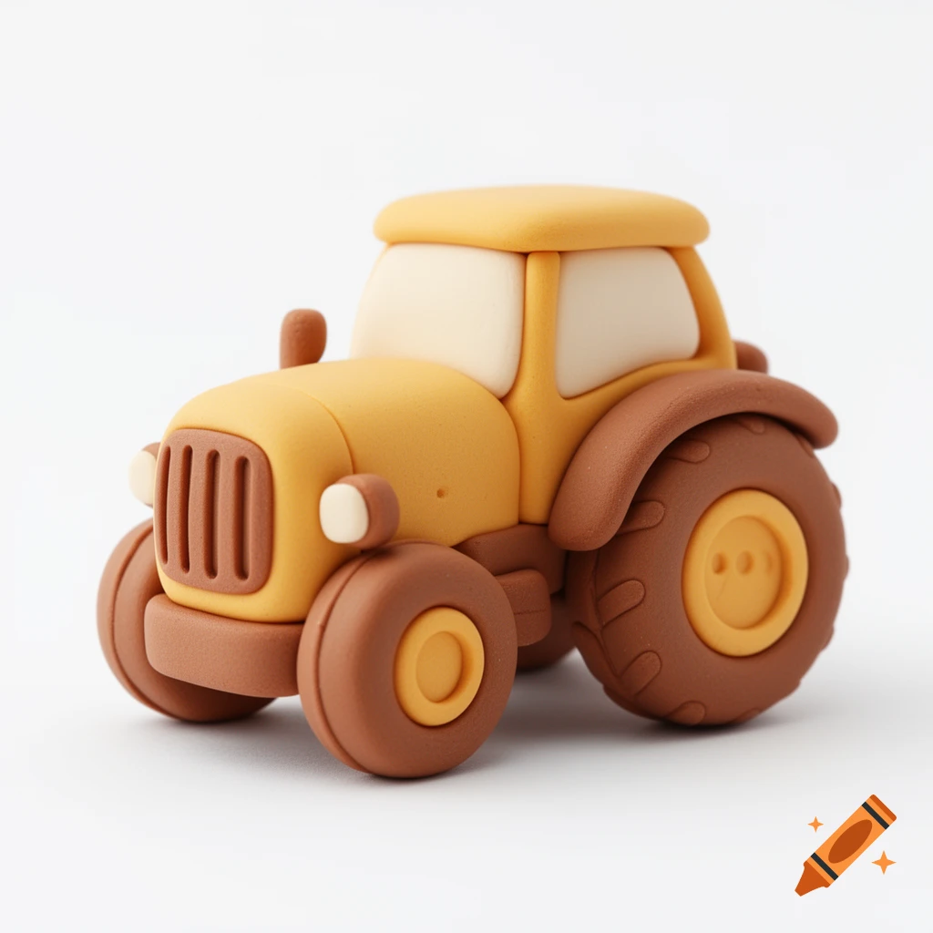 A cute honey-yellow and caramel-brown claymation toy tractor with chubby proportions and soft rounded corners on a white background.