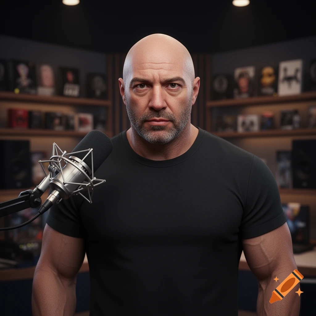 Photorealistic portrait of a bald, bearded man in a black t-shirt, standing in a podcast studio with a microphone.