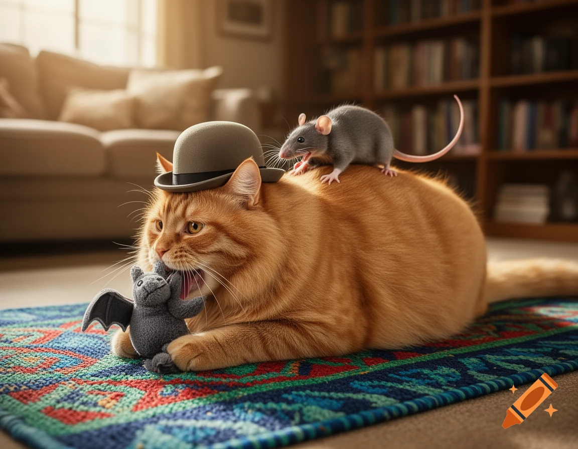 A fat ginger cat wearing a bowler hat lies on a colorful rug, biting a gray bat toy, while a small gray rat sits on its back.