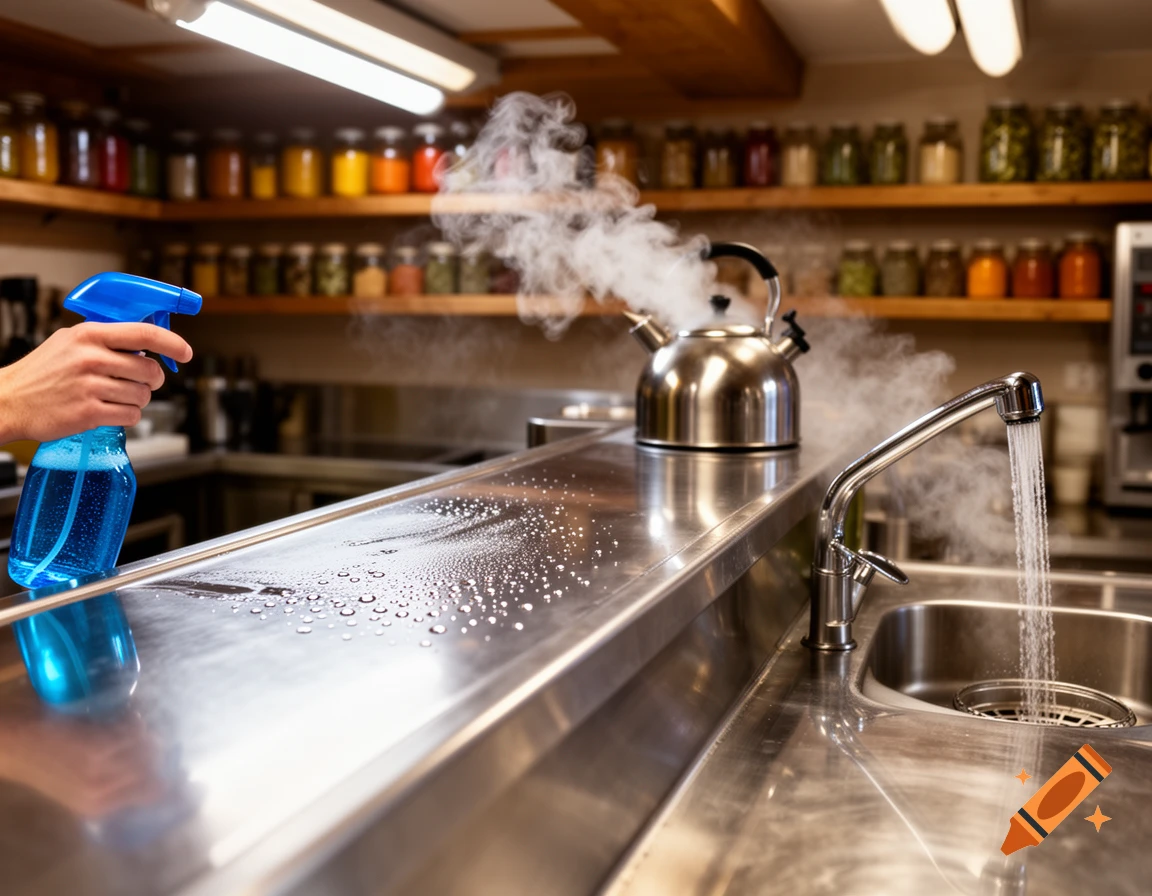 A hand sprays cleaner on a stainless steel kitchen counter with a boiling kettle and a running faucet in a well-stocked kitchen.