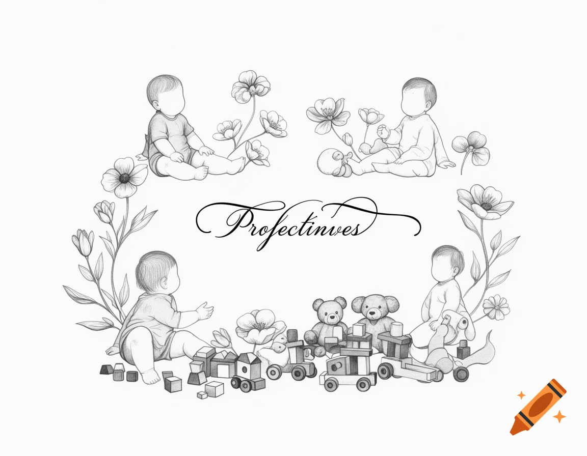 Black and white sketch of babies playing with toys and surrounded by flowers, with "Profectinves" text.