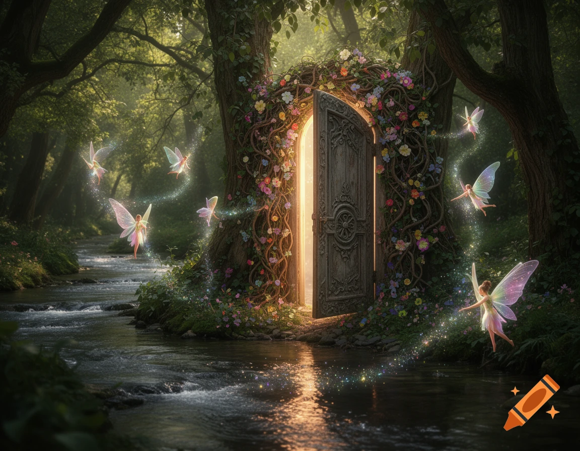 Enchanting image of a magical, ornate door in a flower-covered tree in a lush forest by a river, with glowing fairies dancing around.