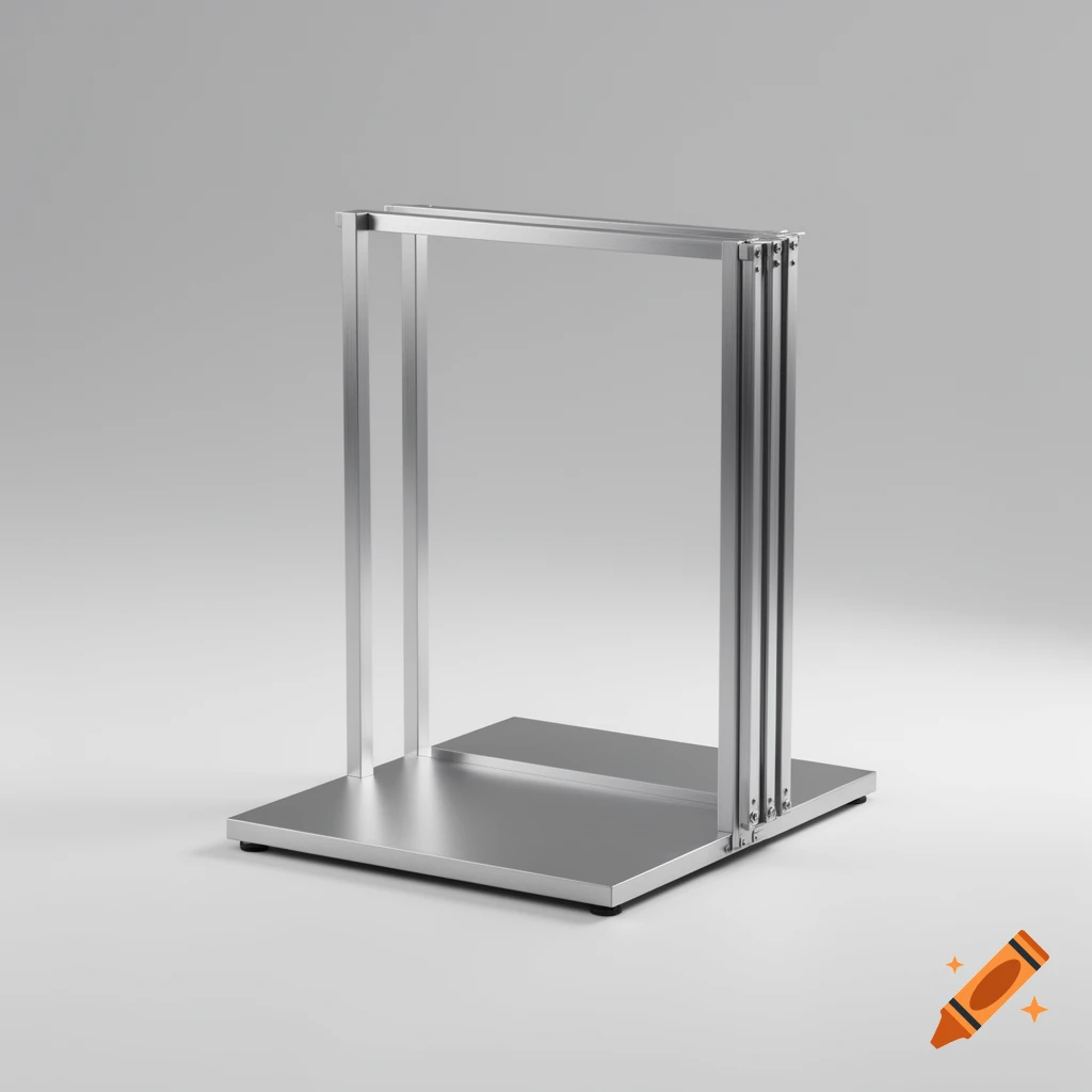 A minimalist, silver metal stand with a rectangular base and two foldable vertical supports, rendered with clean industrial design.