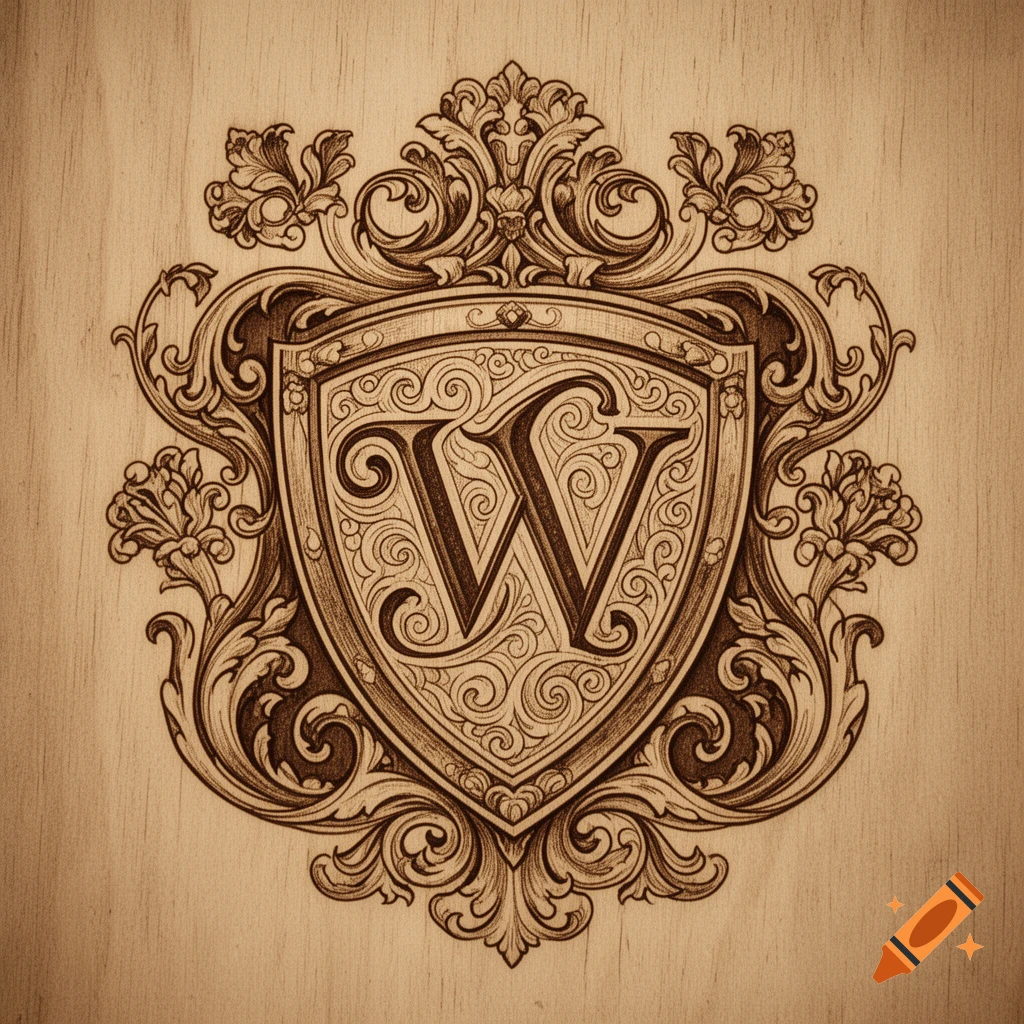 Decorative wood-carved family crest featuring an ornate, stylized letter 'W' surrounded by intricate scrollwork and flourishes.
