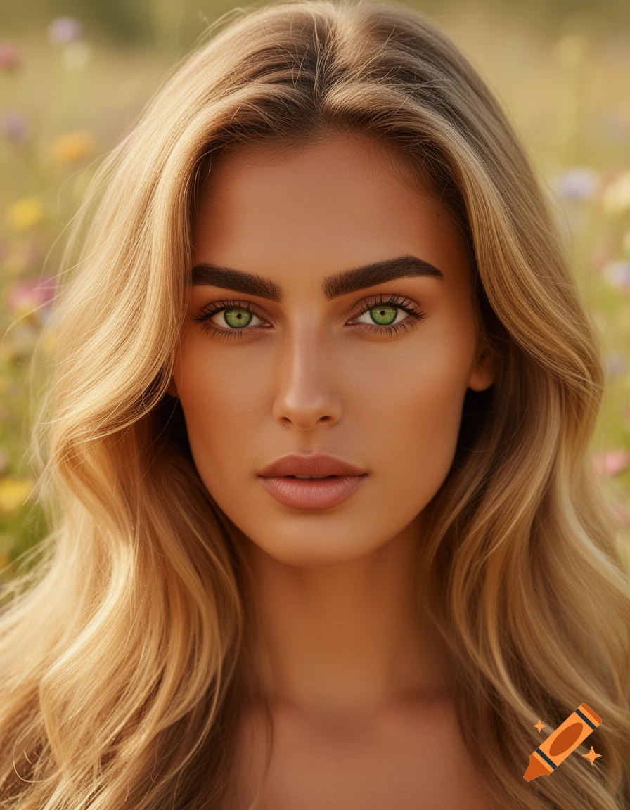 Photorealistic portrait of a woman with green eyes and blonde hair in a blurry field of flowers.