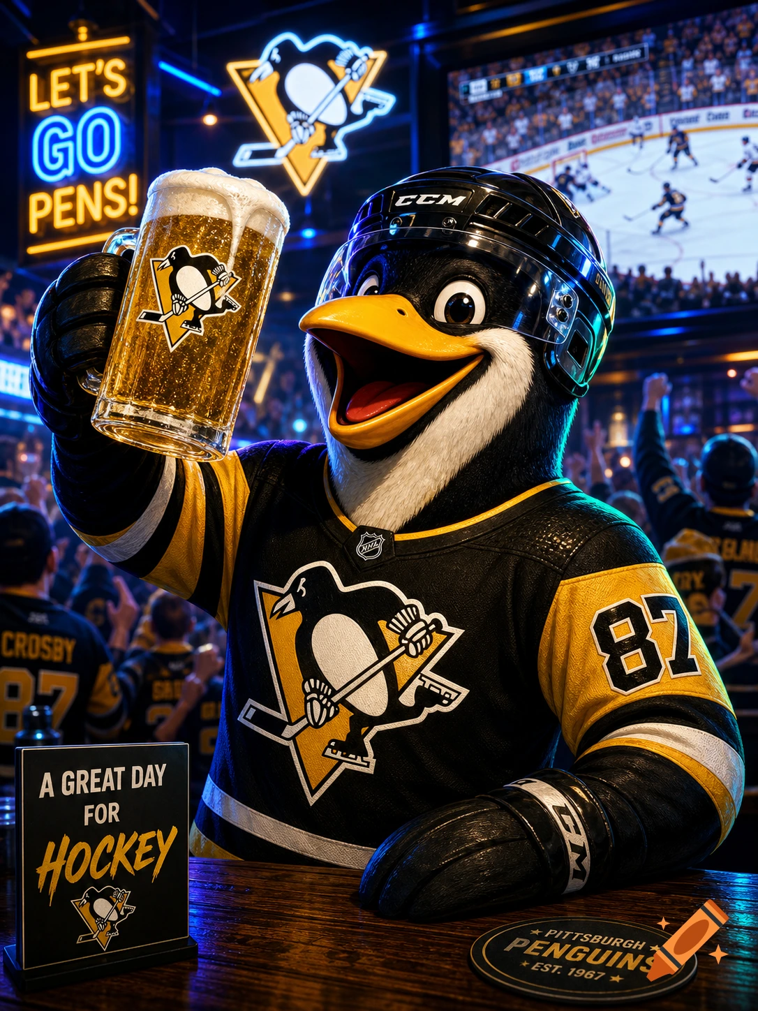 A happy Pittsburgh Penguins mascot in a hockey jersey holds a foamy beer mug in a lively bar, with a hockey game on a TV screen in the background.