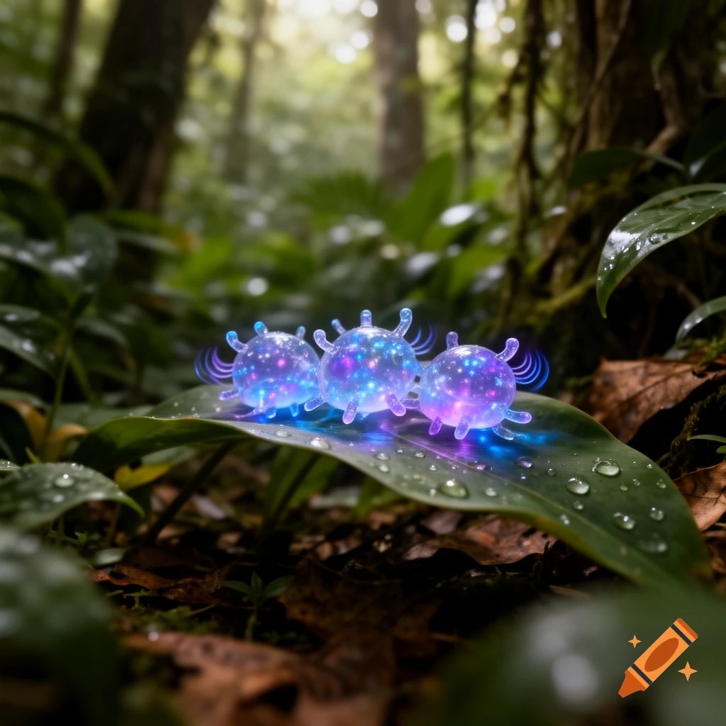 Three glowing, spiky purple and blue spheres rest on a dewy green leaf in a lush, bokeh-filled forest.
