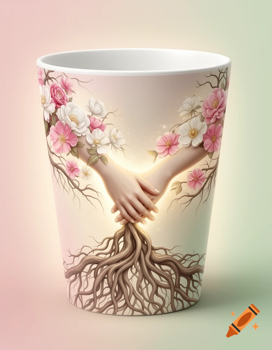 A white cup features an illustration of two hands joining at the center, with arms transforming into intertwined roots and branches adorned with pink and white flowers.