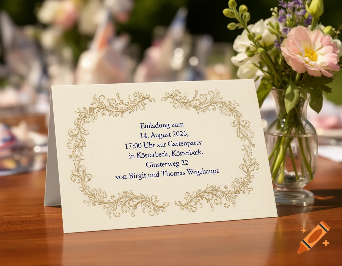 A cream-colored invitation card with gold floral borders and blue German text rests on a wooden table next to a vase of light pink and white flowers.