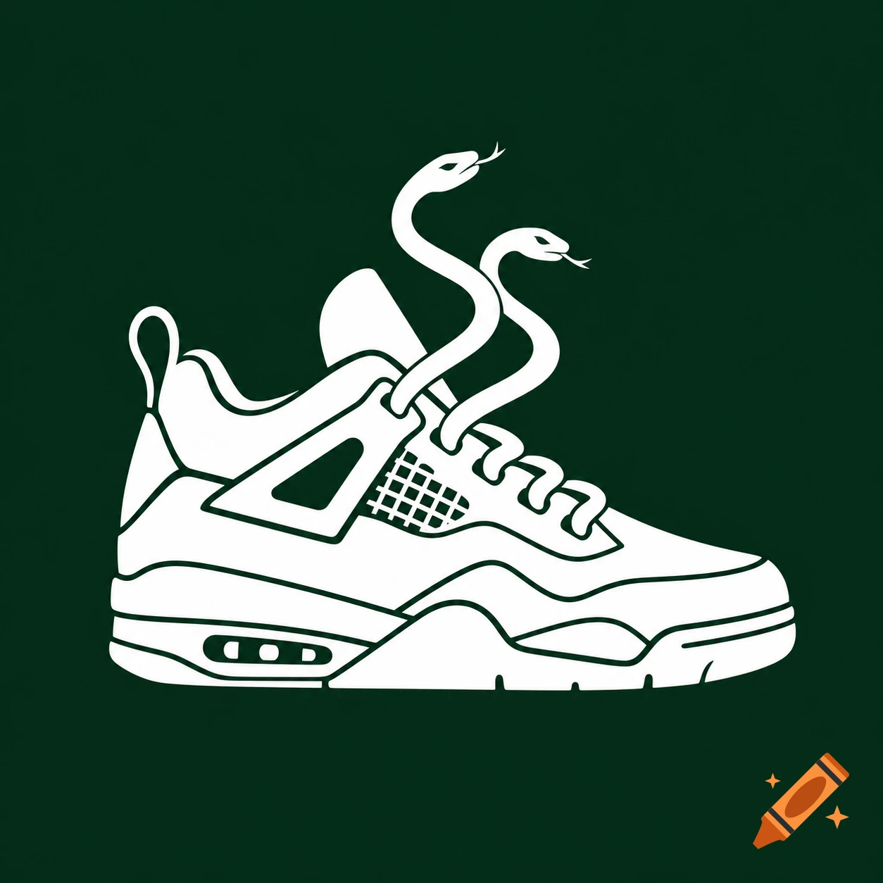 Minimalist white sneaker logo with two stylized snakes as shoelaces on a dark green background.
