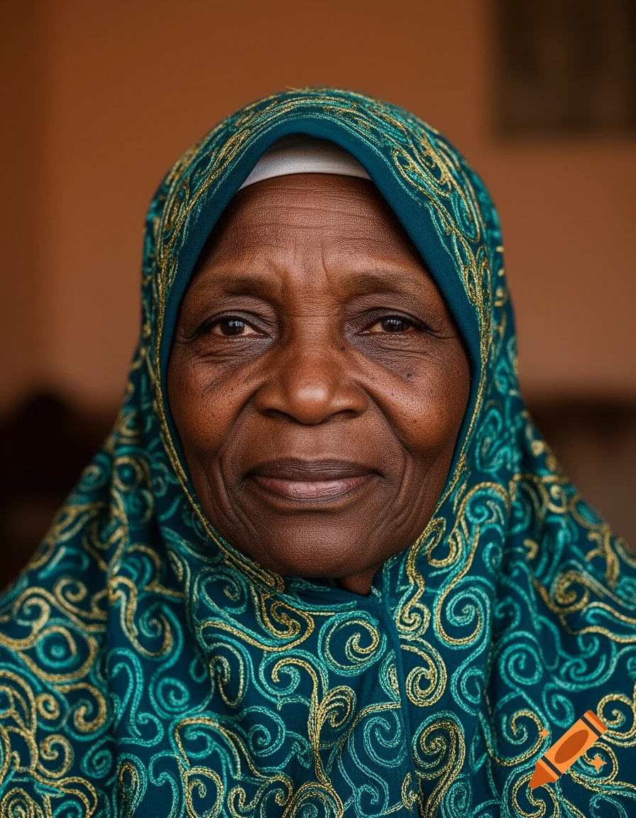 Close-up portrait of an elderly Black woman with a kind expression, wearing a teal hijab with gold and light blue embroidery.