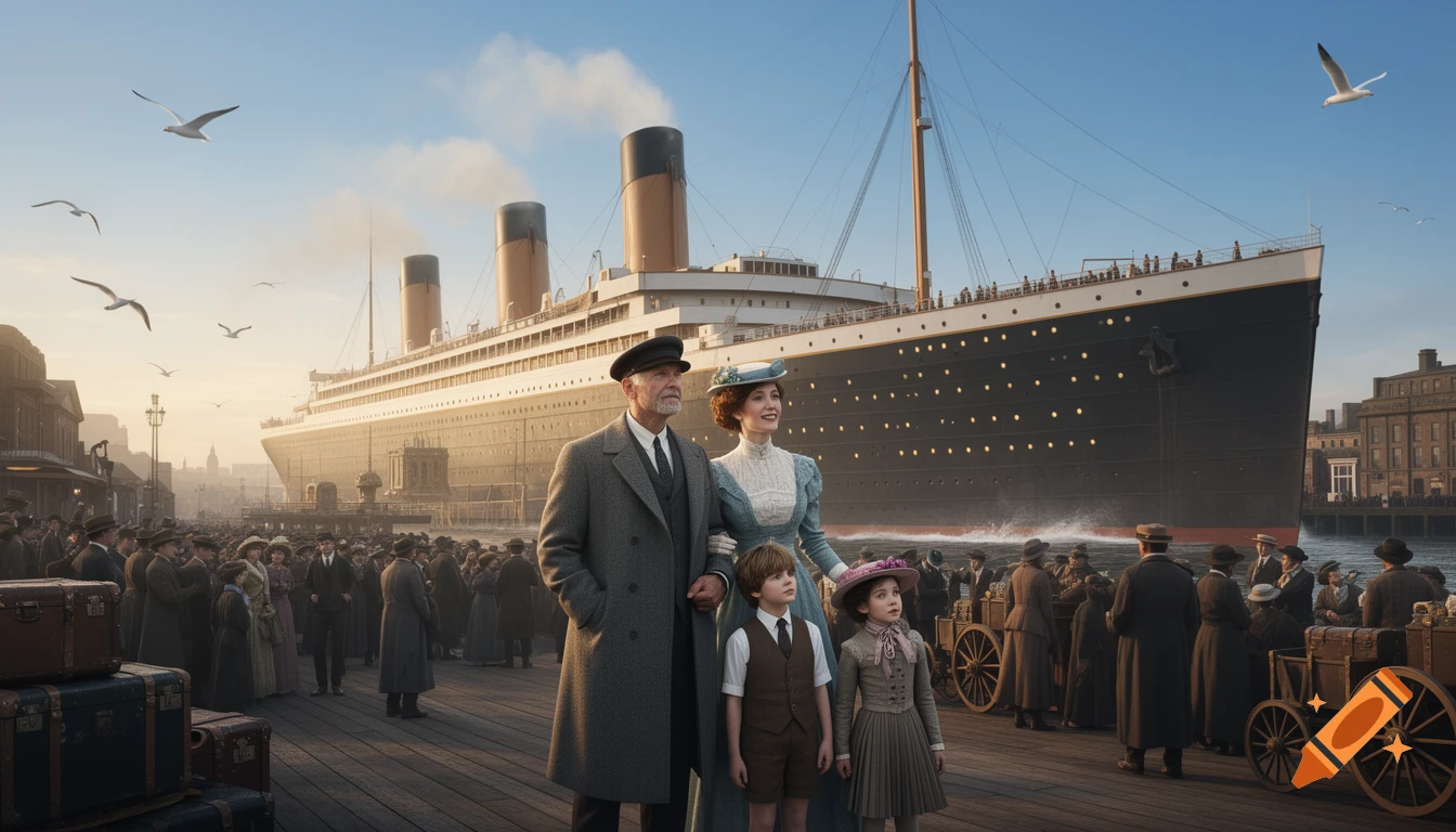 A family stands on a dock as the large Titanic ocean liner departs the port, surrounded by crowds and luggage, in a photorealistic style.