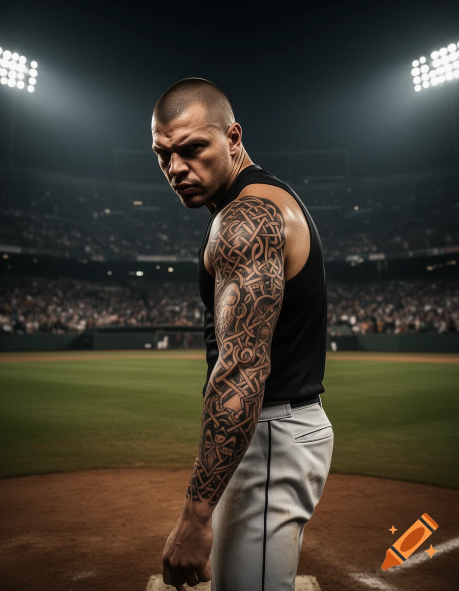 A bald, muscular man with intricate arm tattoos, wearing a black tank top and white pants, glares intensely on a baseball field at night.