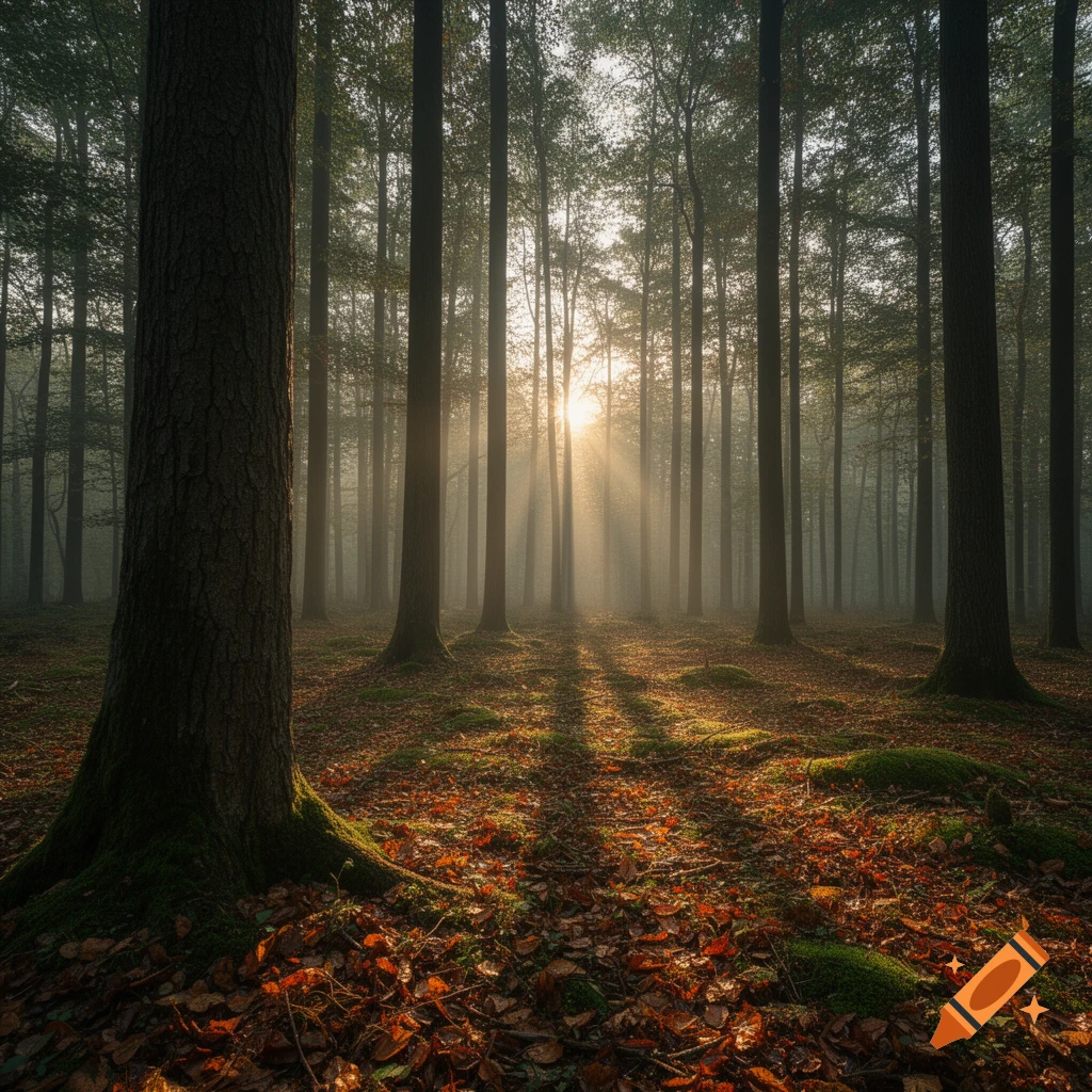 Sunbeams filter through a misty forest at dawn, illuminating a ground covered in autumn leaves, photorealistic.