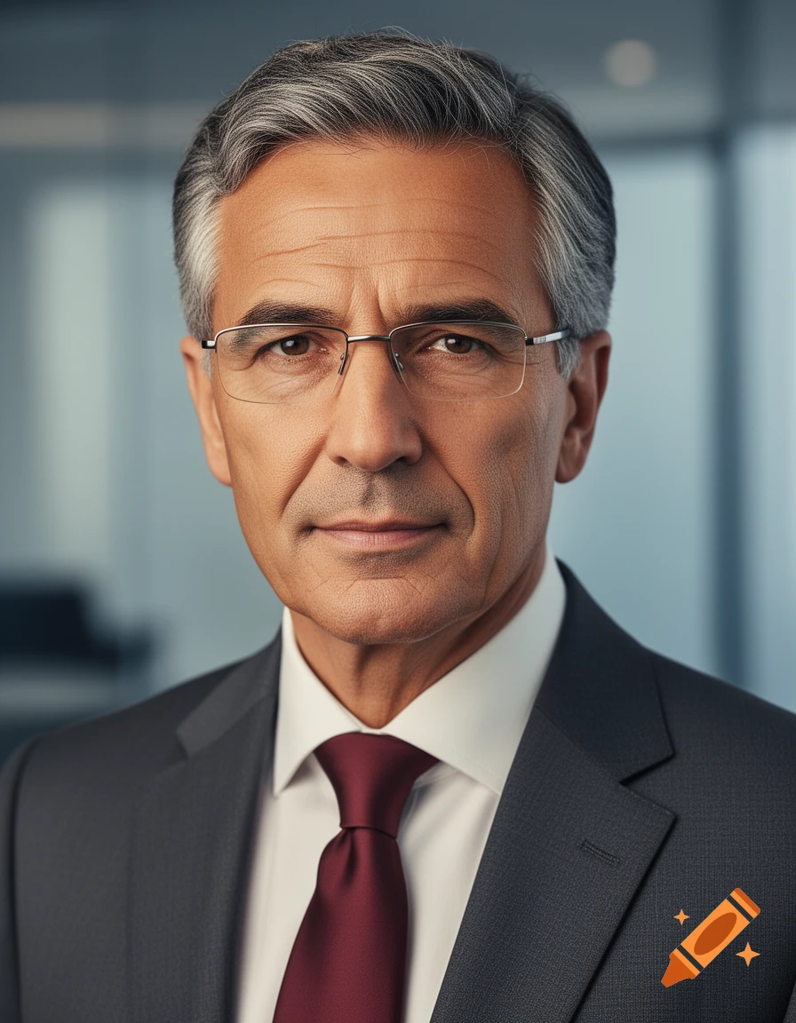 A photorealistic portrait of an older man with gray hair and glasses, wearing a dark suit and a red tie.