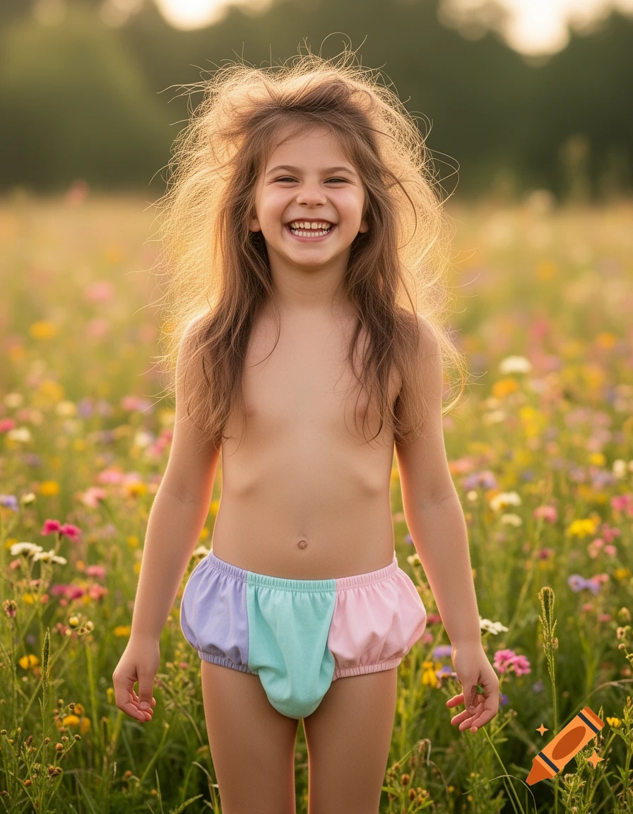 Happy young girl with messy hair, topless in pastel bloomers, smiling broadly in a field of wildflowers.