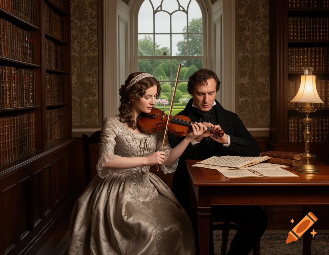A man teaches a woman in a period gown to play the violin in a grand library with bookshelves and a window.
