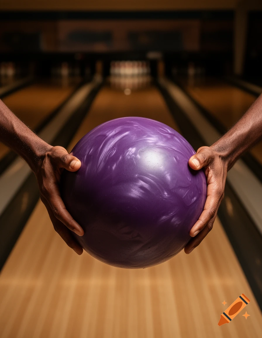Close-up of dark-skinned hands holding a shiny purple bowling ball over a wooden bowling lane with blurred pins.