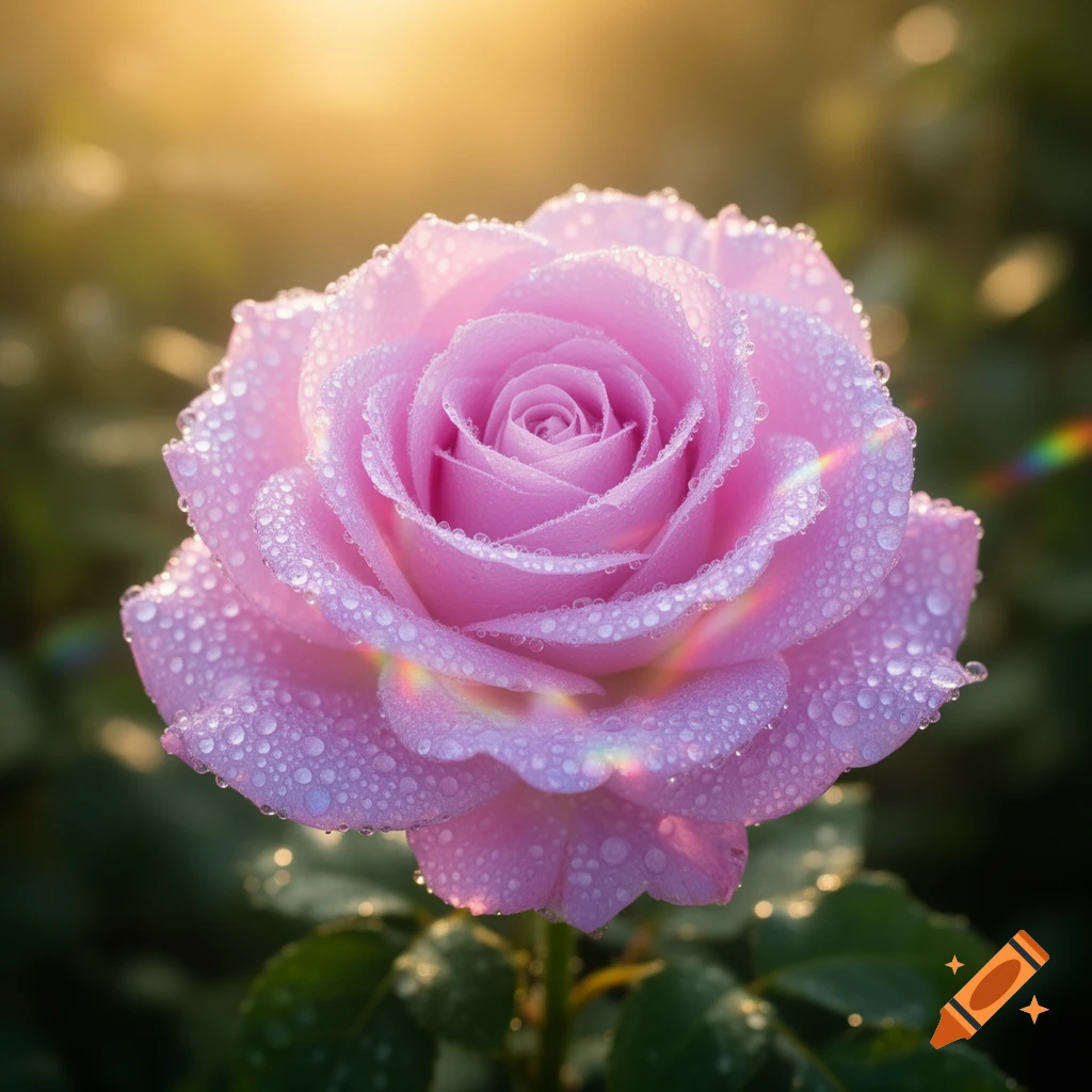 A close-up, photorealistic shot of a dew-covered pink rose with a rainbow flare, illuminated by warm sunlight in a garden.
