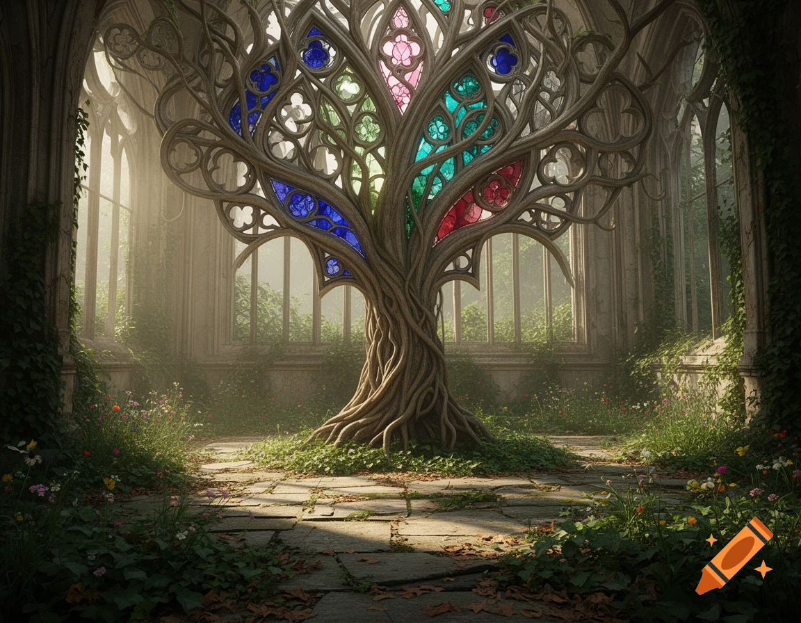 A tree with stained glass windows as branches stands in the center of a ruined gothic hall, bathed in sunlight.