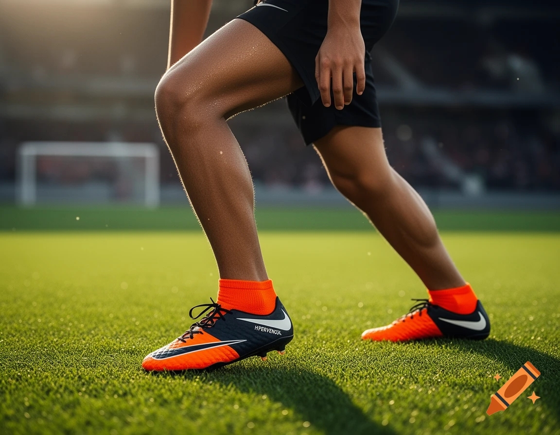 Close-up of a person's legs in black shorts and orange and black Nike Hypervenom soccer cleats on a green grass field during sunset.