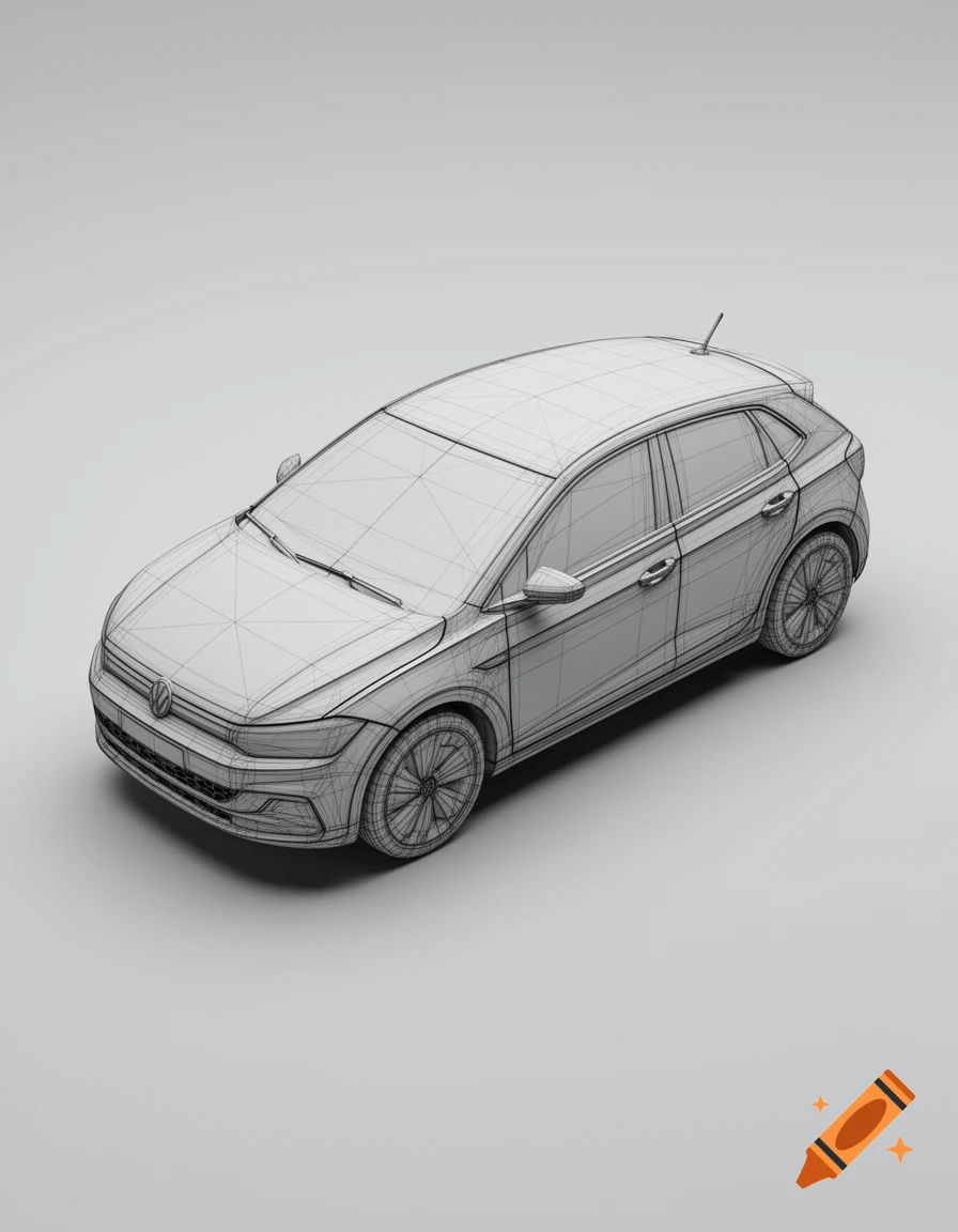 Wireframe rendering of a VW ID Polo car from an angled top-front-left perspective on a white background.