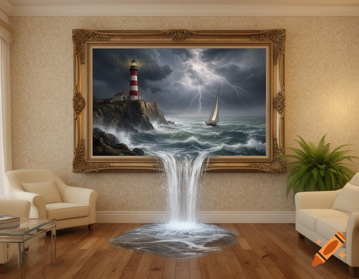A surreal painting of a stormy seascape with a lighthouse spills water onto a cozy living room's wooden floor.