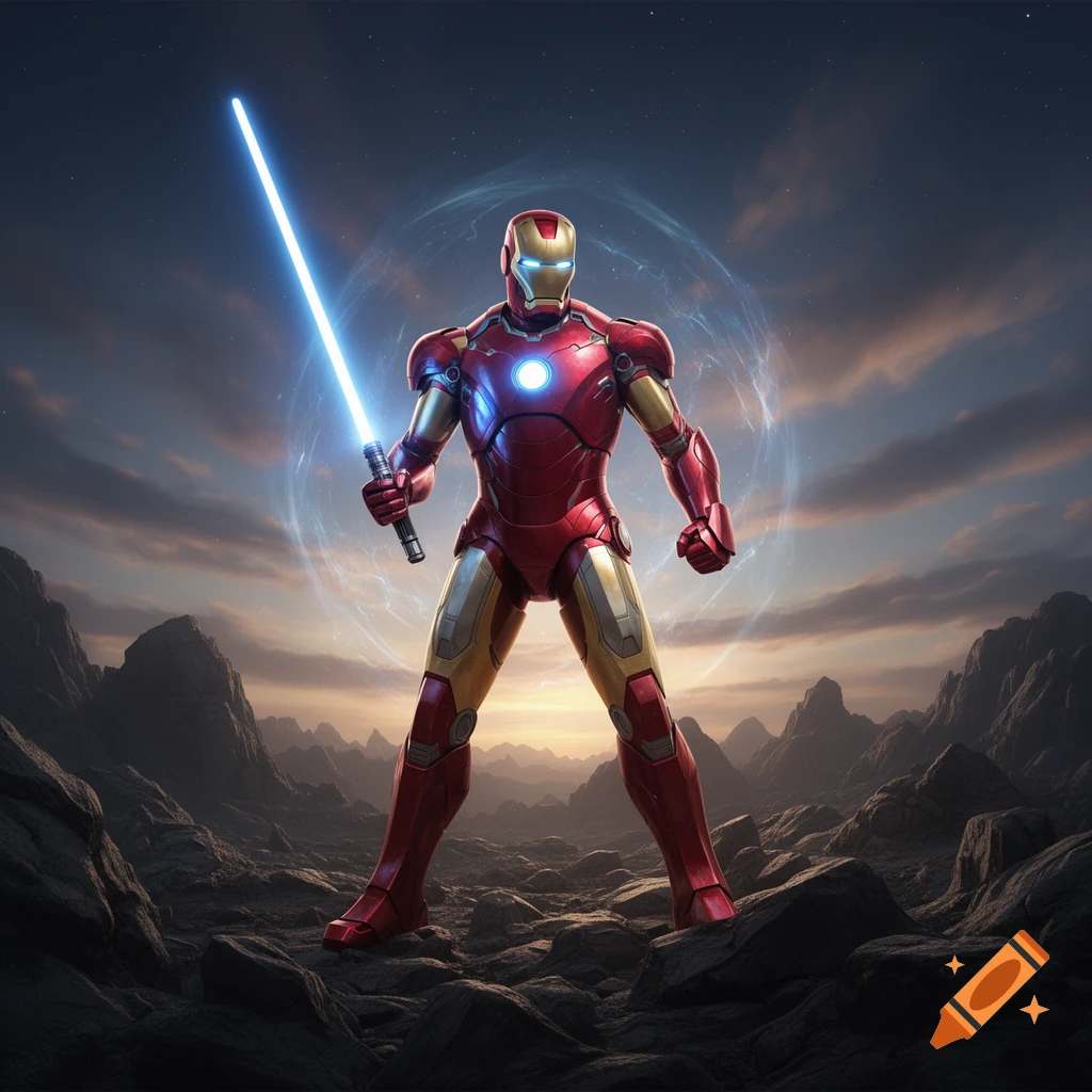 Iron Man in his red and gold suit holding a blue lightsaber on a rocky alien landscape under a dramatic sky.