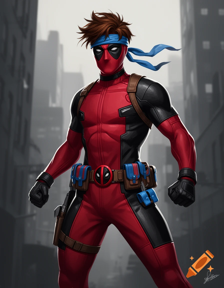 A stylized superhero character in a red and black suit, blue headband, and brown hair stands against a city background.