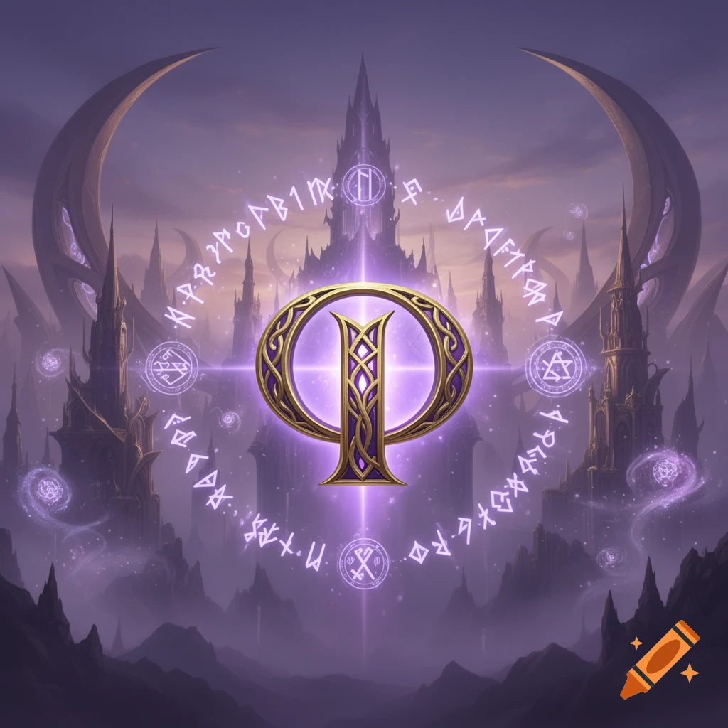 Glowing golden and purple symbol in an epic fantasy landscape with dark castles, crescent moons, and ethereal runes.