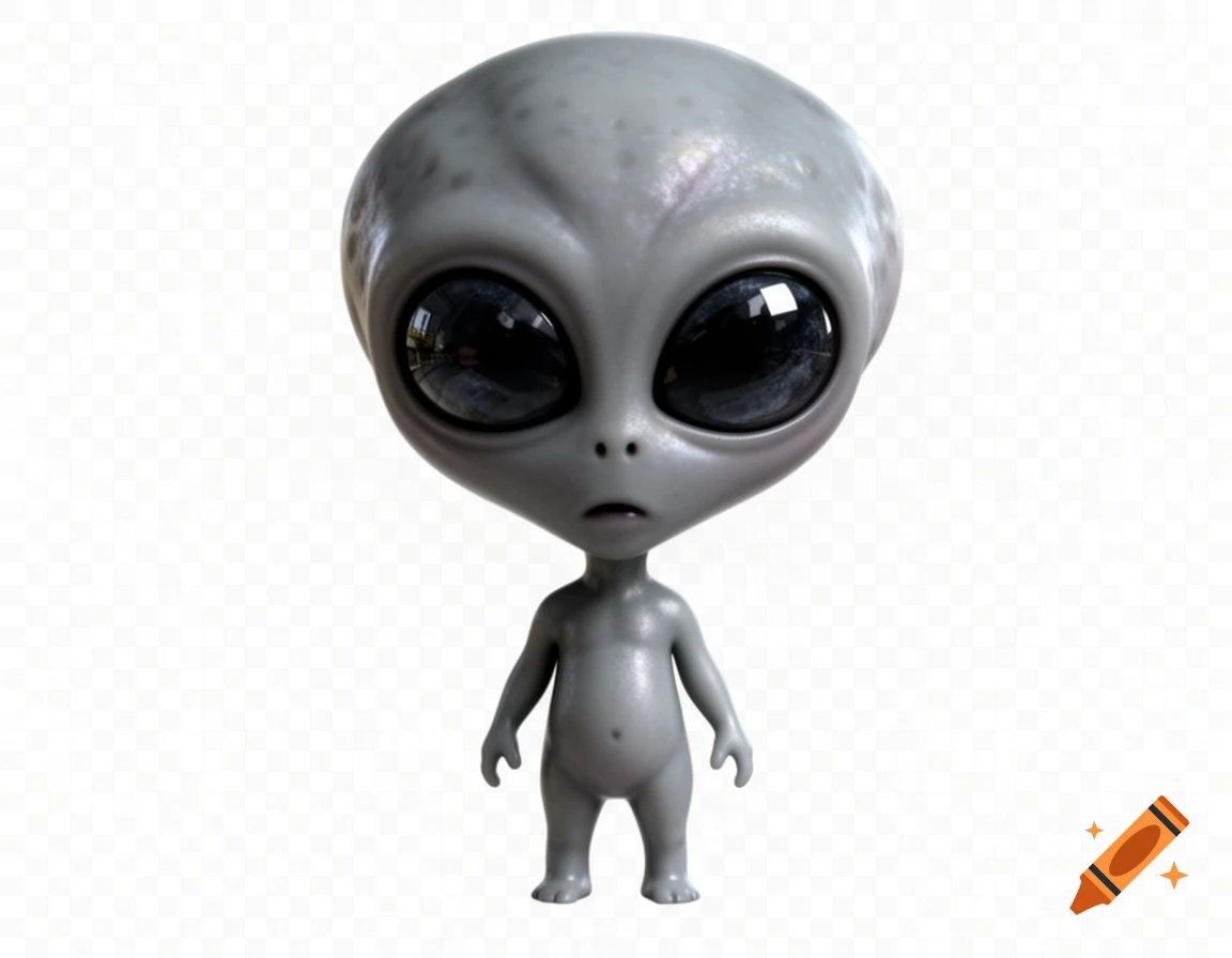 A small, cute, grey alien with a large head and big black eyes stands against a transparent background.