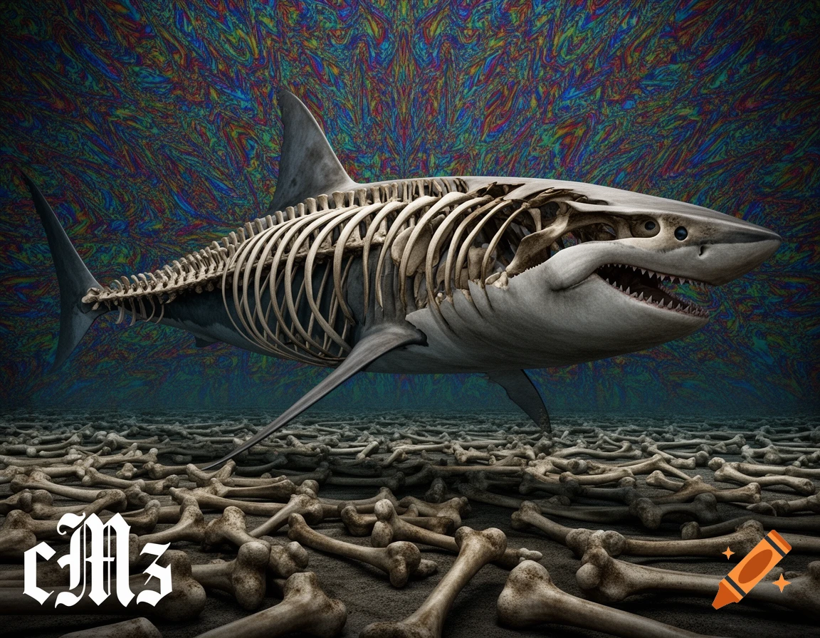 Detailed shark skeleton swimming above a field of bones, set against a vibrant, swirling psychedelic background.