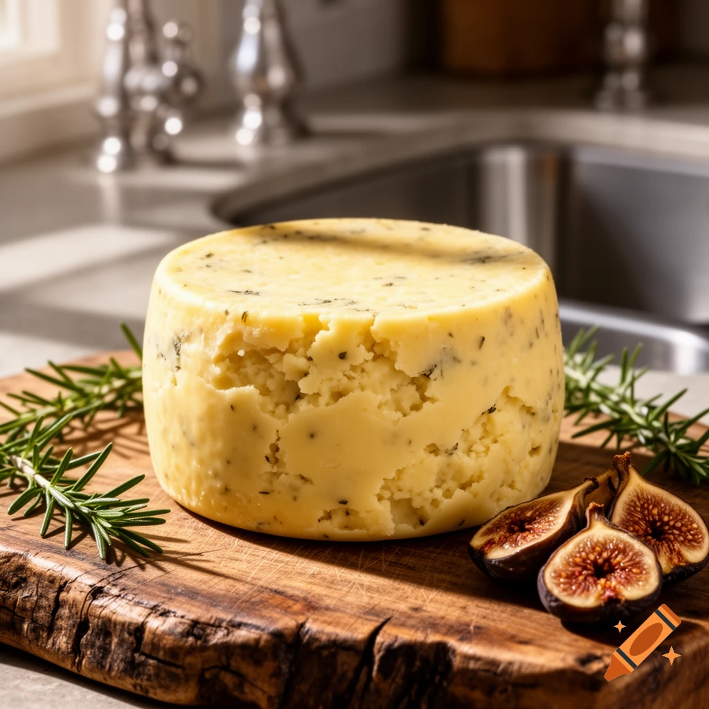 A round block of yellow cheese with herbs, rosemary sprigs, and cut figs on a rustic wooden cutting board in a sunlit kitchen.