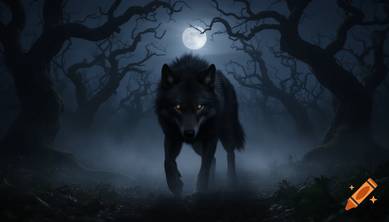 A black wolf with glowing orange eyes stands in a dark, foggy forest under a full moon, surrounded by twisted, bare trees.
