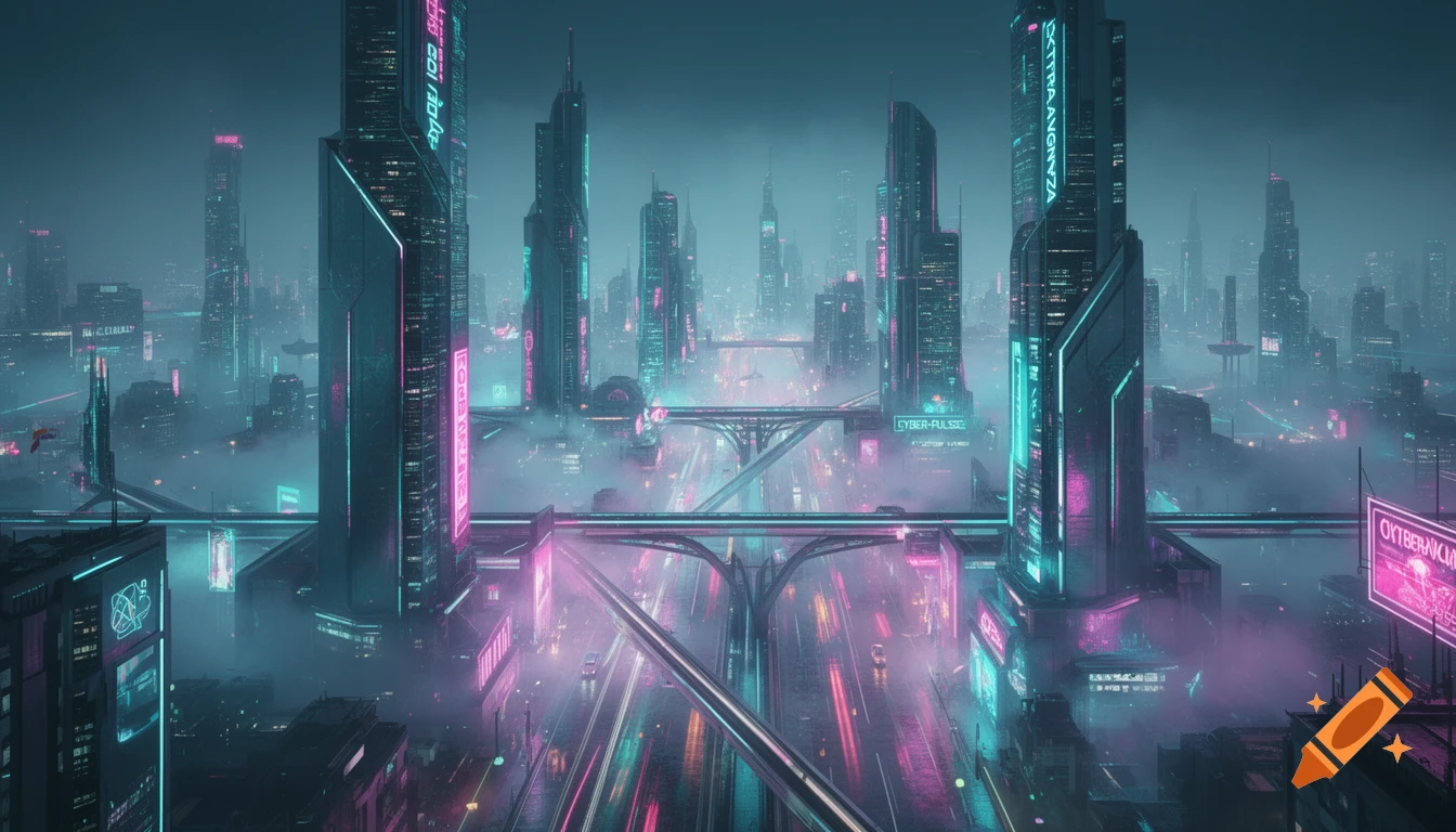 A dark, futuristic city at night with towering skyscrapers, intricate highways, and bridges, all illuminated by vibrant neon teal and pink lights amidst a hazy, misty atmosphere.