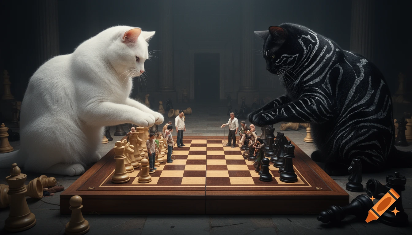 Two gigantic cats, one white and one black with silver markings, play chess using tiny distressed human figures as pieces on a large chessboard in a moody, cinematic scene.
